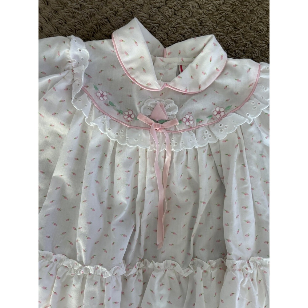 Vintage Baby Girl Party Dress Pink w/Ivory Voile Overlay Ruffle Full Circle 24M - Picture 3 of 13